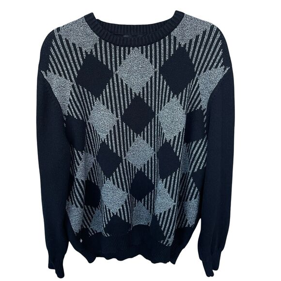 Geoffrey Beene Sweater Mens XXL 2X Black Gray Winter Knit Argyle Preppy Diamond - Picture 1 of 10